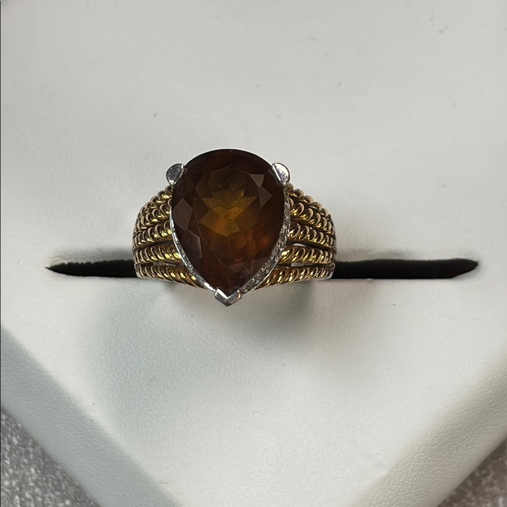 Vintage estate sale cocktail ring silver, gold tone and brown stone. Sz 8